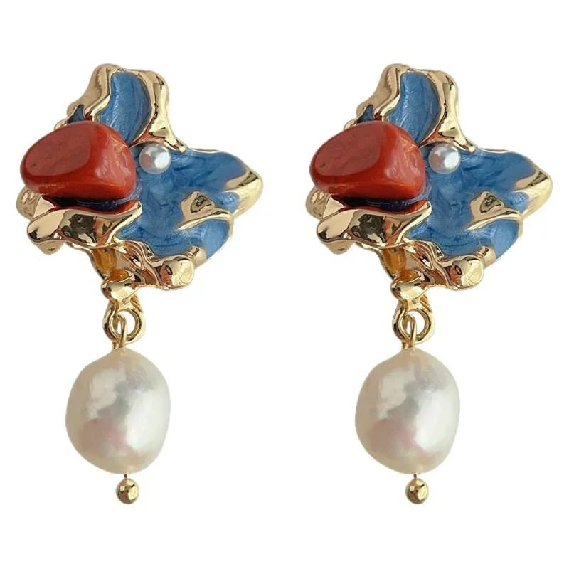 Vintage Baroque Freshwater Pearl Natural Stone Irregular Geometric Drop Earrings