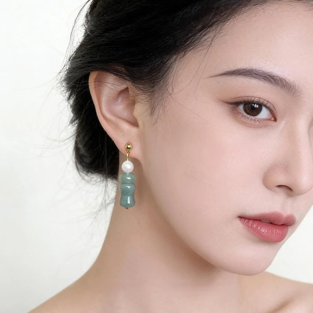 New Chinese Copper Green Jade Glass Bamboo Bead Stud Earrings Elegant Geometric Style