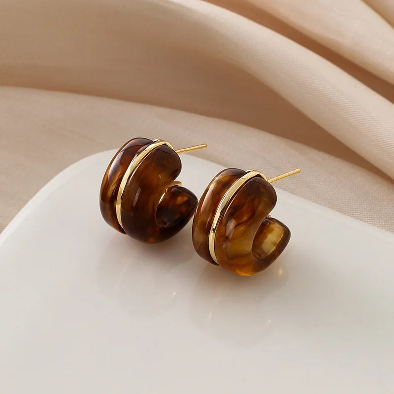 Vintage Amber Resin C-Shaped Spiral Hoop Stud & Clip On No Piercing Women's Fashion Earrings