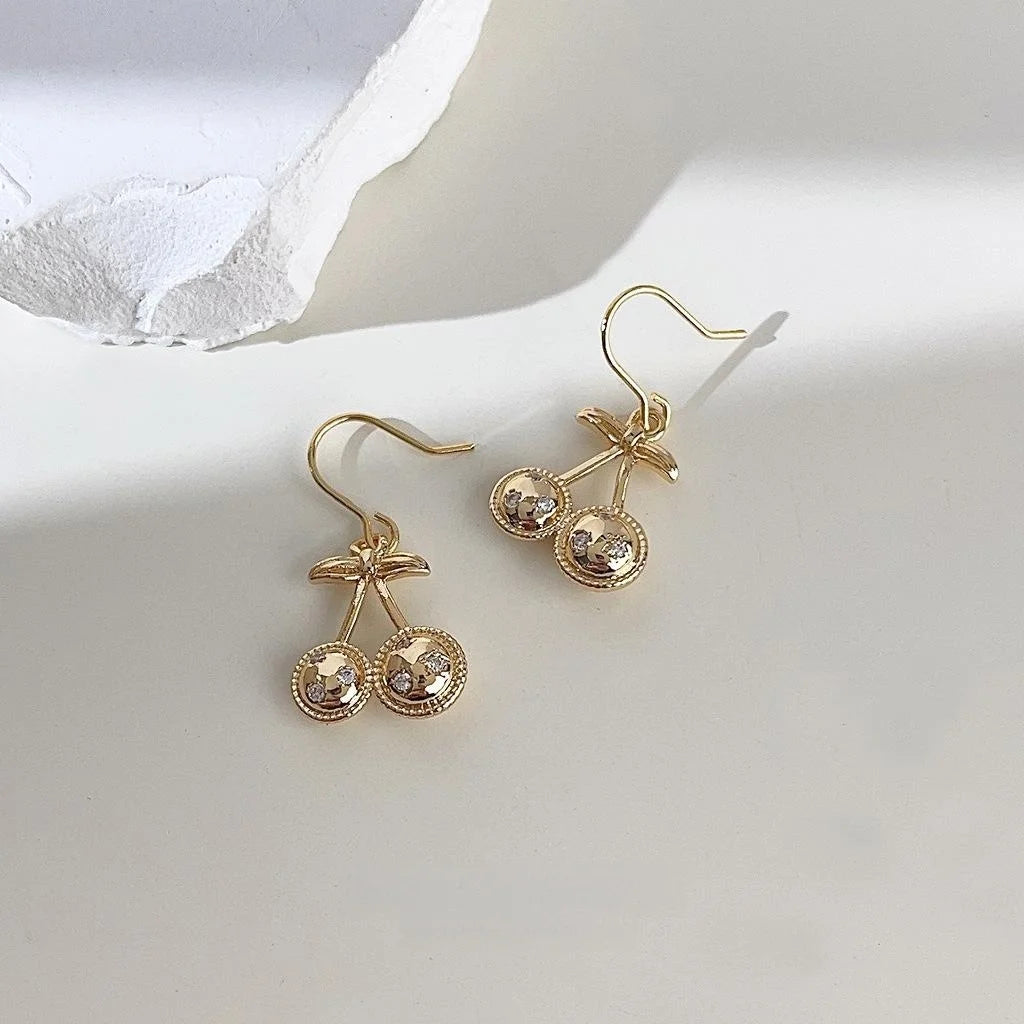 18K Gold Plated Copper Micro Pave Zircon Cherry Drop Earrings Cute Mini Fruit Jewelry