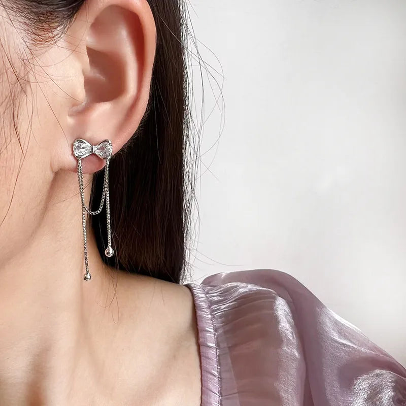 Elegant Silver Alloy Zircon Bowknot Long Chain Tassel Stud & Clip On No Piercing Women's Earrings