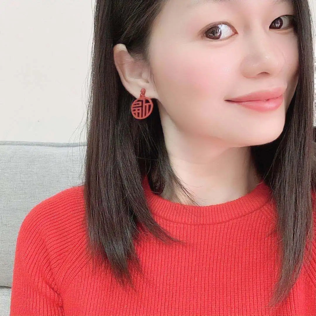 Vintage Chinese Red Round Hollow Alloy Stud & Clip On No Piercing Wedding Festival Drop Earrings