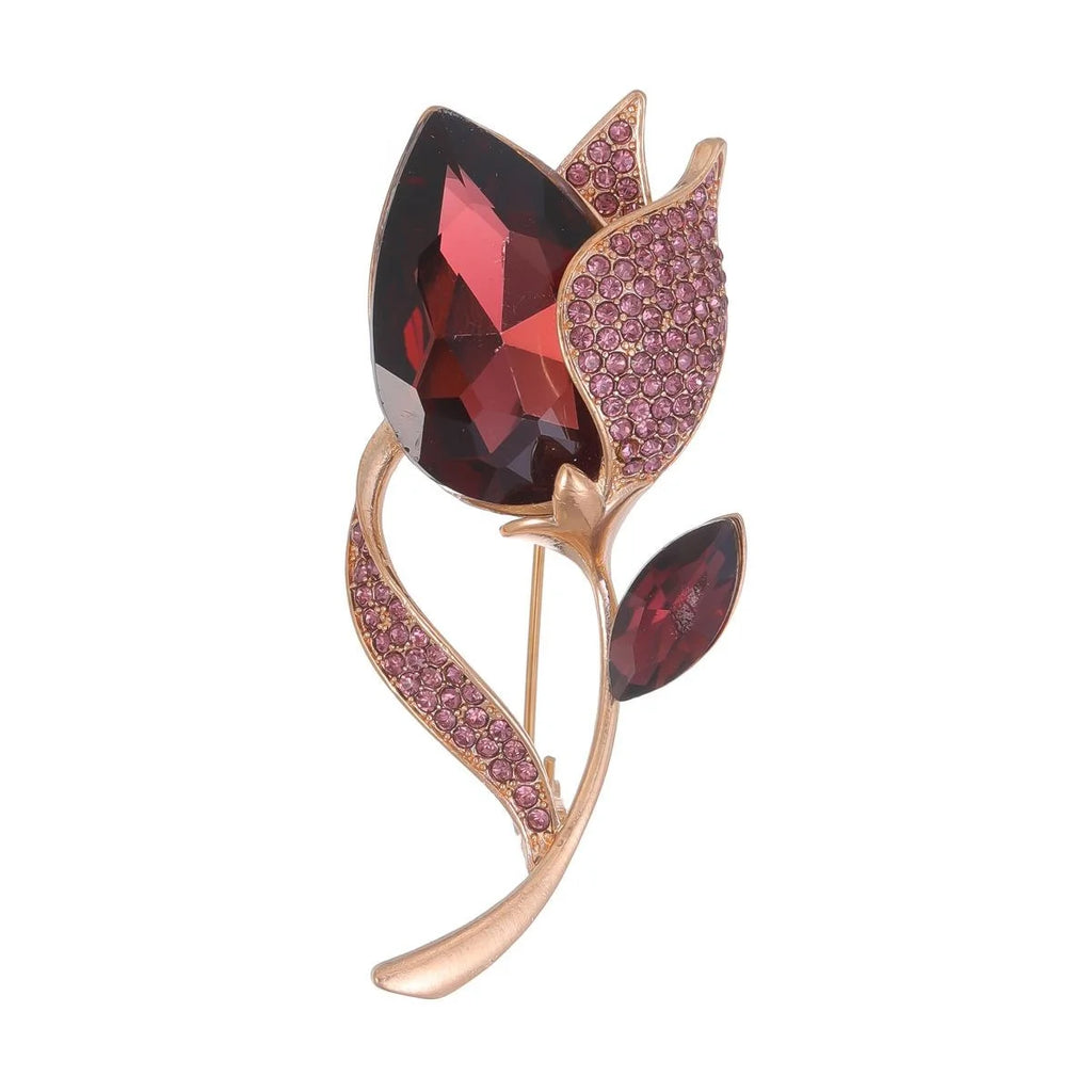 Elegant Glass Tulip Flower Brooch With Rhinestone Alloy Stem, Women's Lapel Pin Corsage Suit Accessory Gift