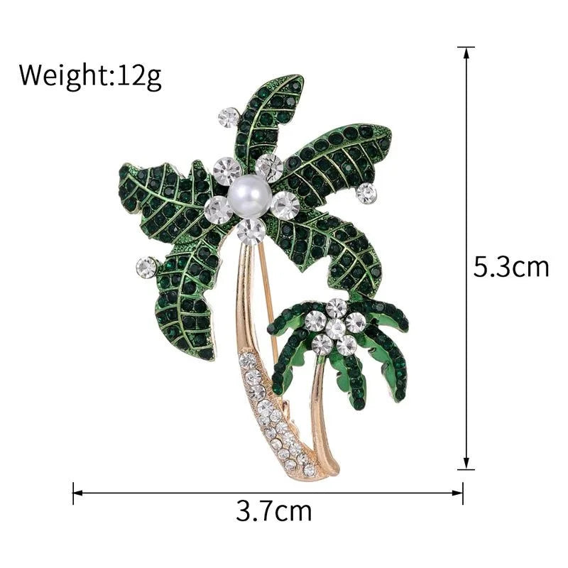 Elegant Green Enamel Coconut Palm Tree Brooch With Rhinestone Pearl, Tropical Lapel Pin Gift