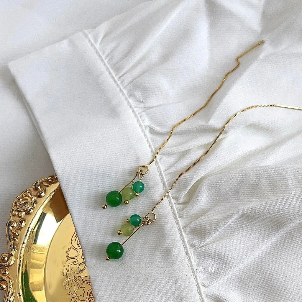 Handmade New Chinese Green Agate Tassel Drop Earrings With Copper