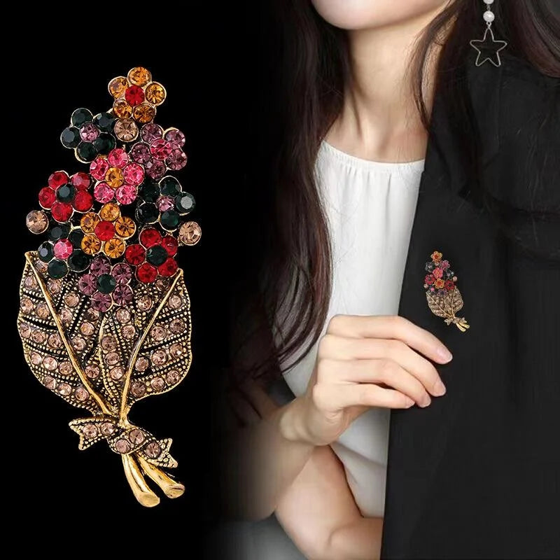 Vintage Rhinestone Flower Bouquet Leaf Basket Brooch For Women, Elegant Alloy Lapel Pin Suit Accessory Gift