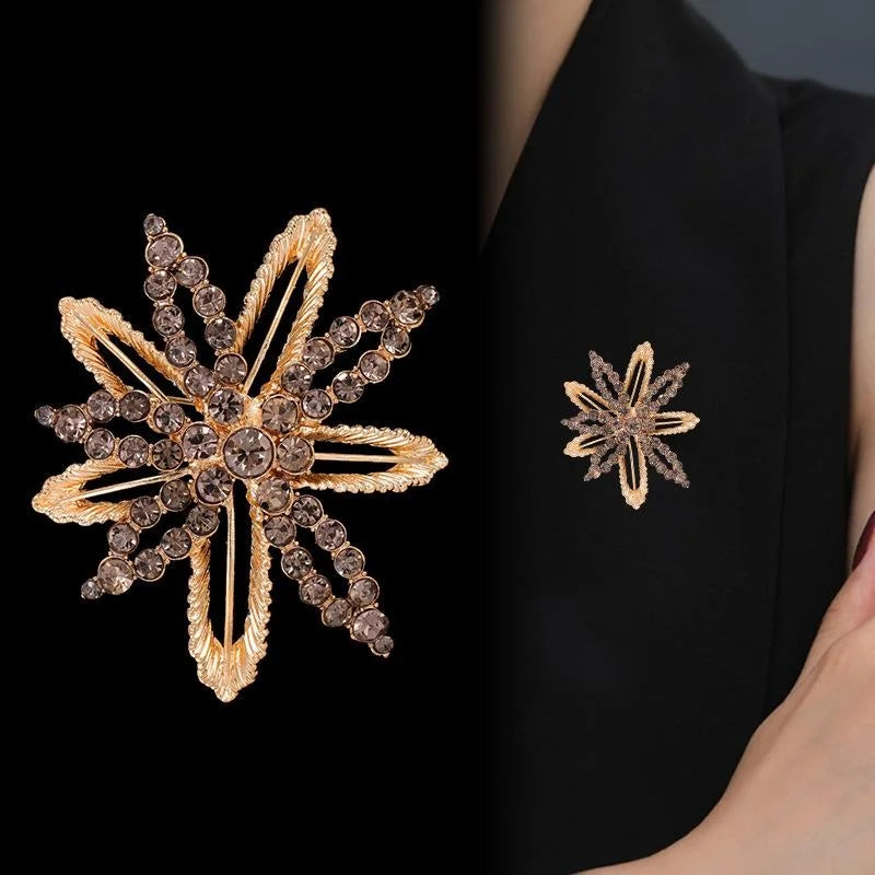 Elegant Snowflake Flower Rhinestone Alloy Brooch, Luxury Gold Tone Lapel Pin Corsage Suit Accessory