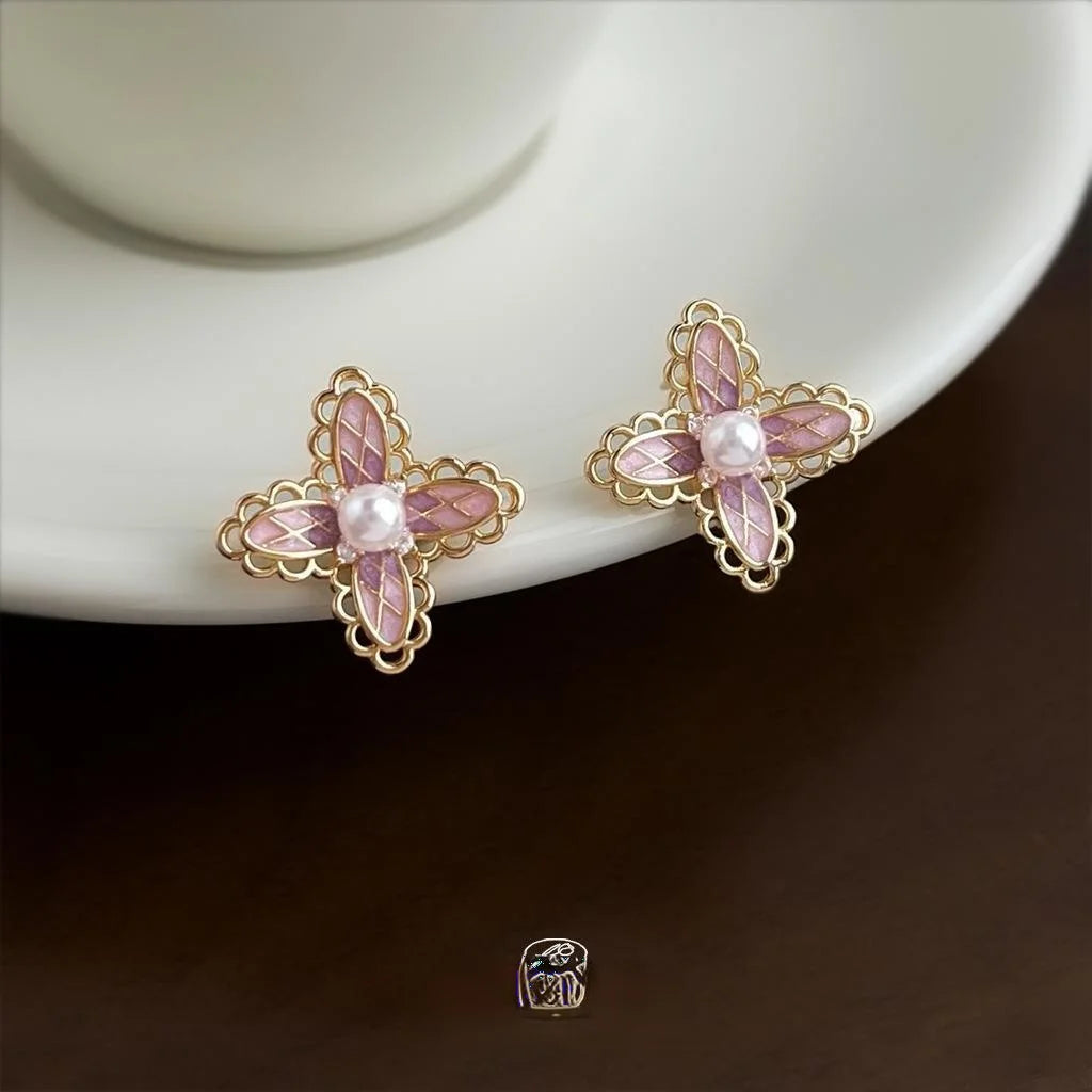 Lolita Pink Lace Flower Stud Earrings Copper Pearl Zircon Micro Pave Silver Plated Girly Jewelry