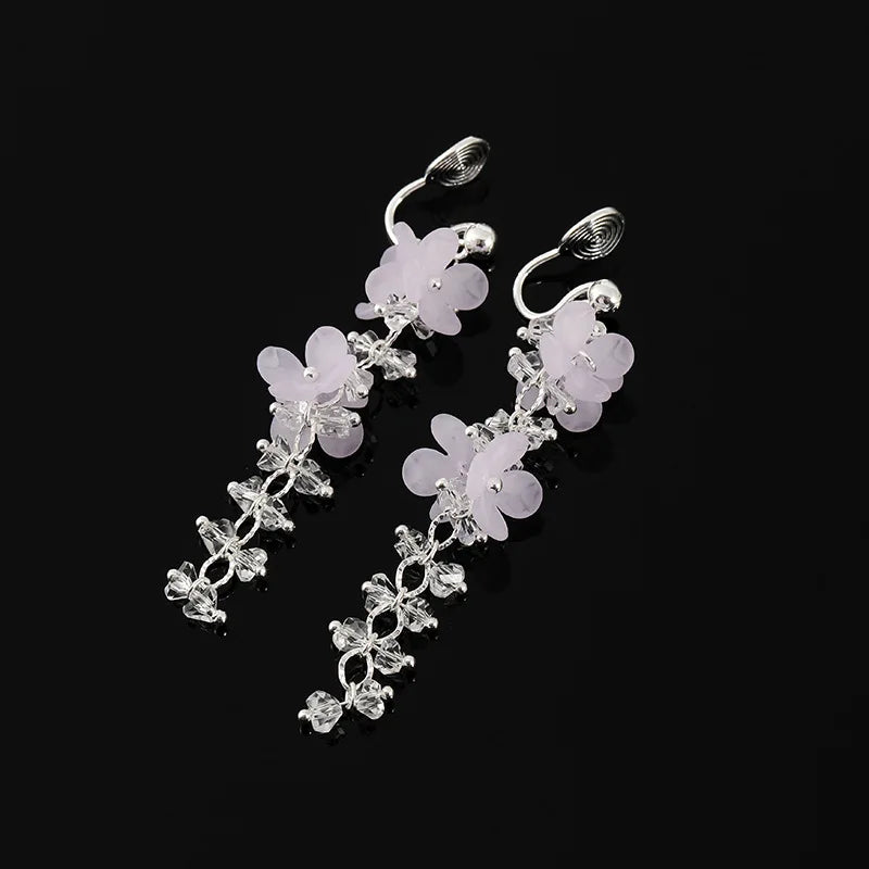 Elegant Light Purple Flower Crystal Long Tassel Stud & Clip On No Piercing Silver Alloy Earrings