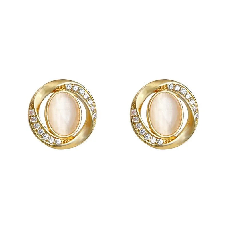 Minimalist Geometric Glass Cat Eye Zircon Micro Pave 14K Gold Plated Stud Earrings