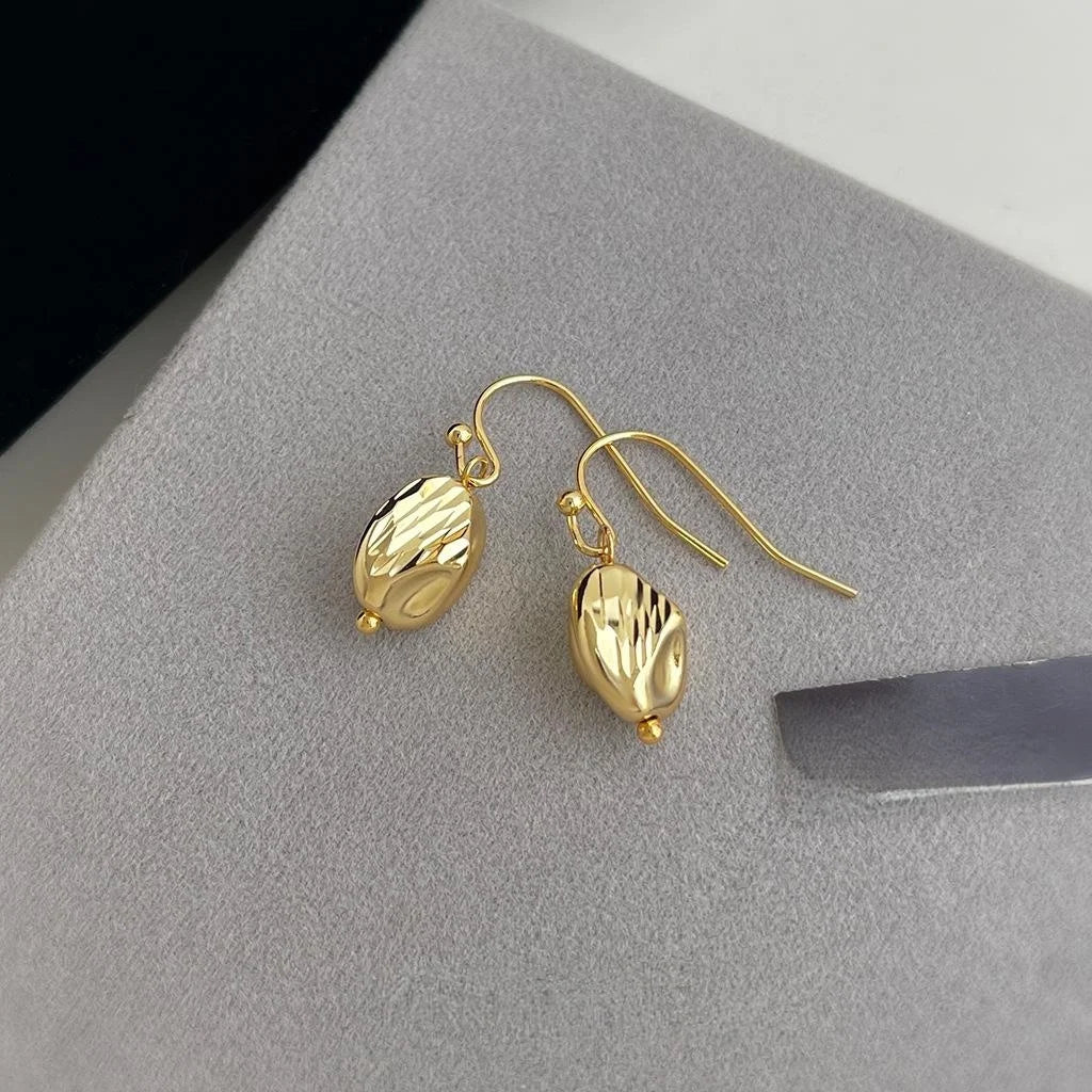 Thick Real Gold Plated Copper Geometric Round Textured Minimalist Light Luxury Drop Earrings