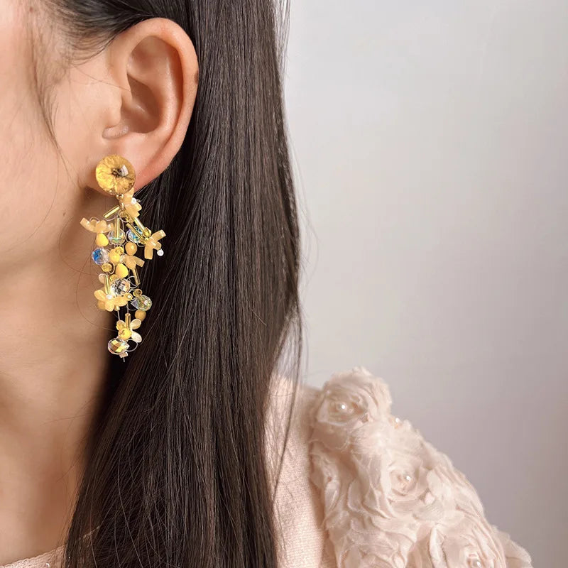 Elegant Yellow Flower Beaded Tassel Crystal Stud & Clip On No Piercing Long Dangle Earrings
