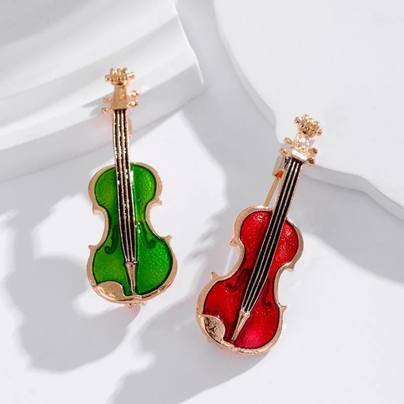 Cute Green Enamel Violin Brooch For Women, Gold Tone Alloy Musical Instrument Lapel Pin Corsage Gift