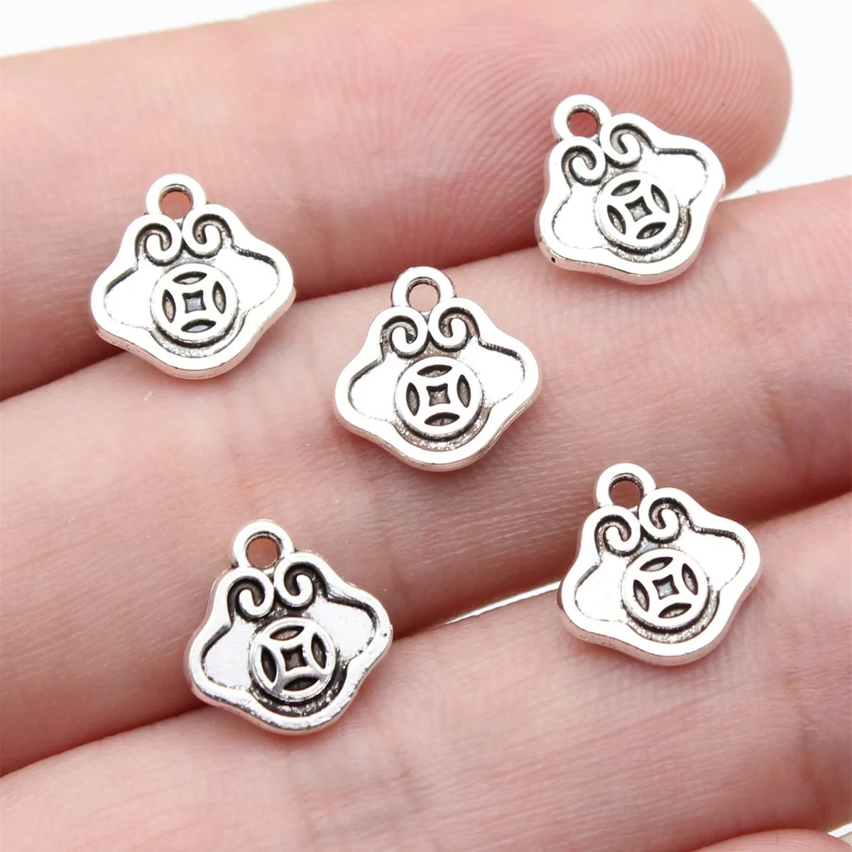 10x10mm 0.45g Antique Silver Zinc Alloy Chinese Coin Lock Double Sided Charm Pendant for Necklace Making