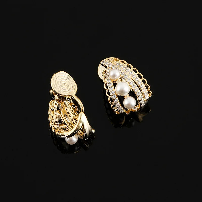Gold Alloy Lace Fan Shape Pearl Rhinestone Luxury Stud & Clip On No Piercing French Style Earrings
