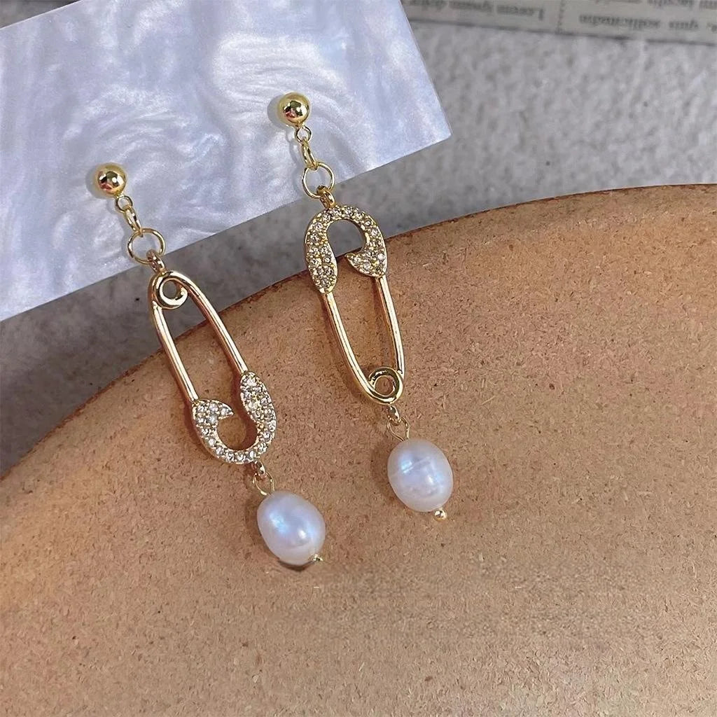 French Vintage Asymmetric Freshwater Pearl Zircon Micro Pave 14K Silver Plated Drop Earrings