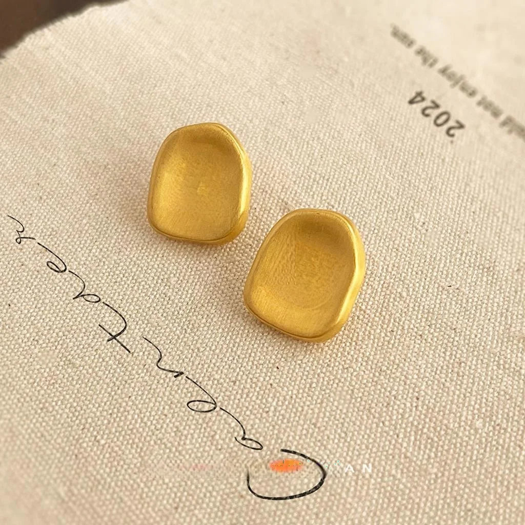 French Vintage Brushed Copper Stud Earrings Matte Geometric Letter Design
