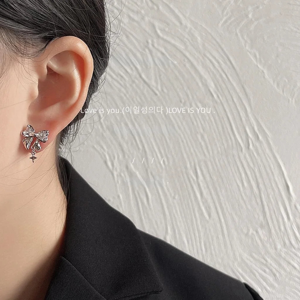 Sweet Cool Micro Pave Zircon Bow Stud Earrings Copper Cute Lolita Silver Plated Pin Jewelry