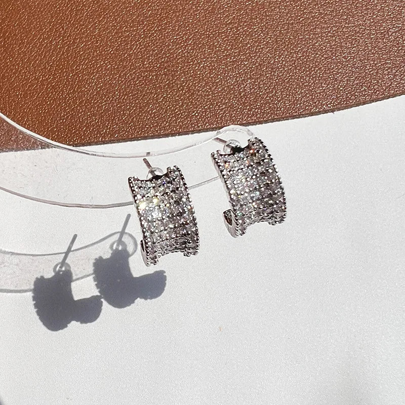 Elegant Zircon Pave Wide Hoop Huggie Stud & Clip On No Piercing Small Circle Ear Cuff Earrings