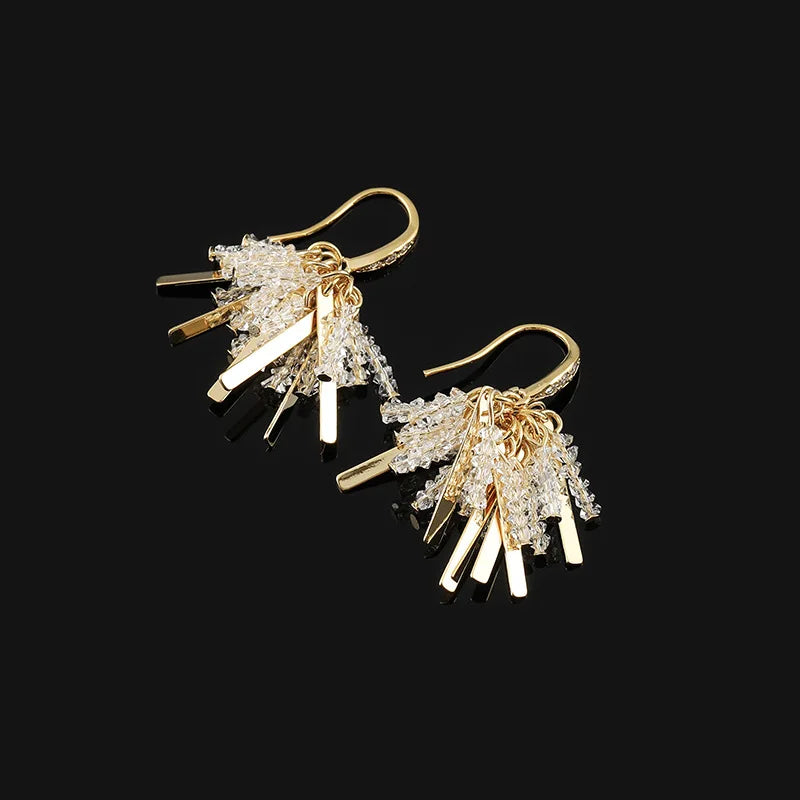 Luxury Handmade Spiral Crystal Tassel Alloy Bar Drop Stud & Clip On No Piercing Statement Earrings