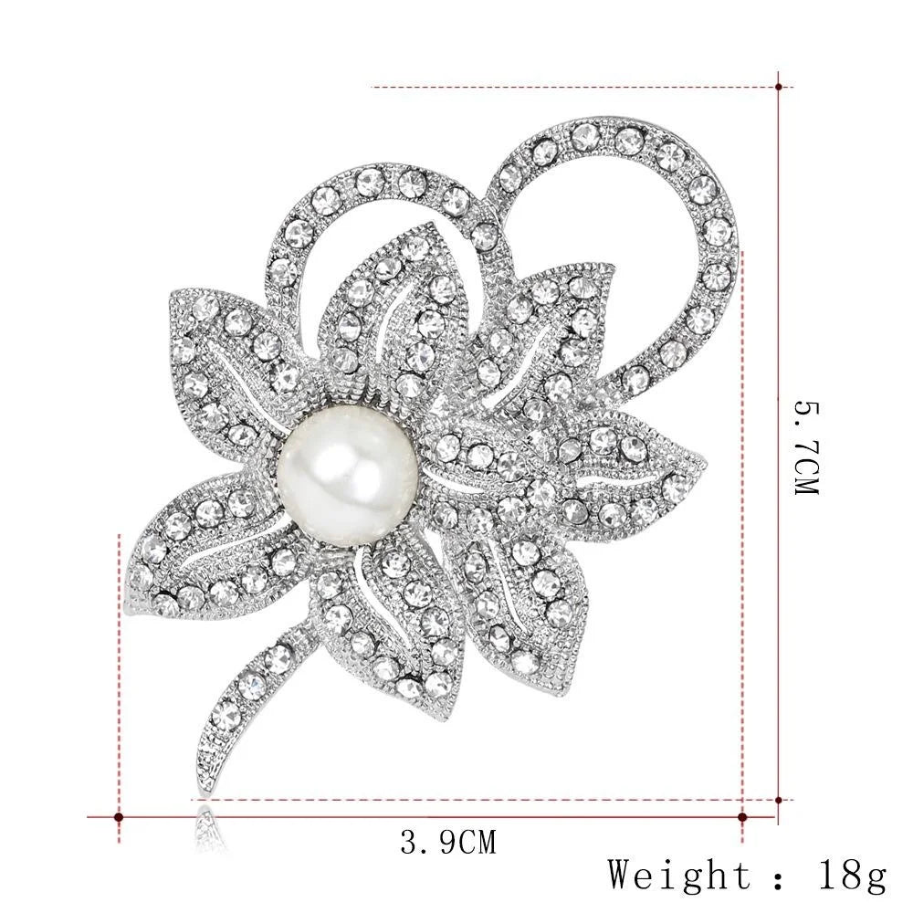 Elegant Rhinestone Pearl Flower Alloy Brooch For Women, Luxury Lapel Pin Corsage Suit Accessory Gift