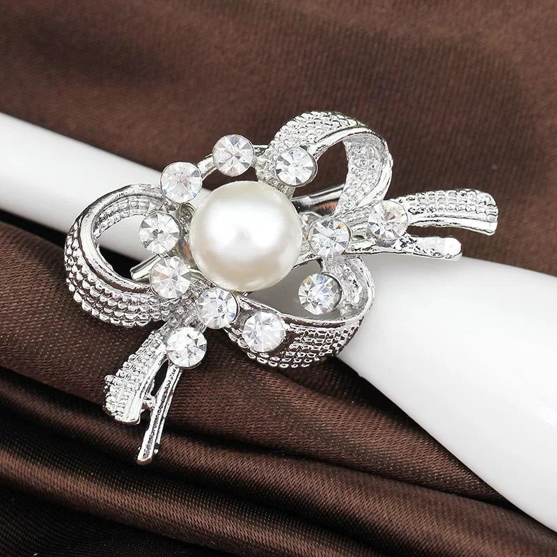 Elegant Pearl And Rhinestone Bow Brooch, Luxury Silver Tone Lapel Pin Corsage For Bridal Shawl Suit Accessory