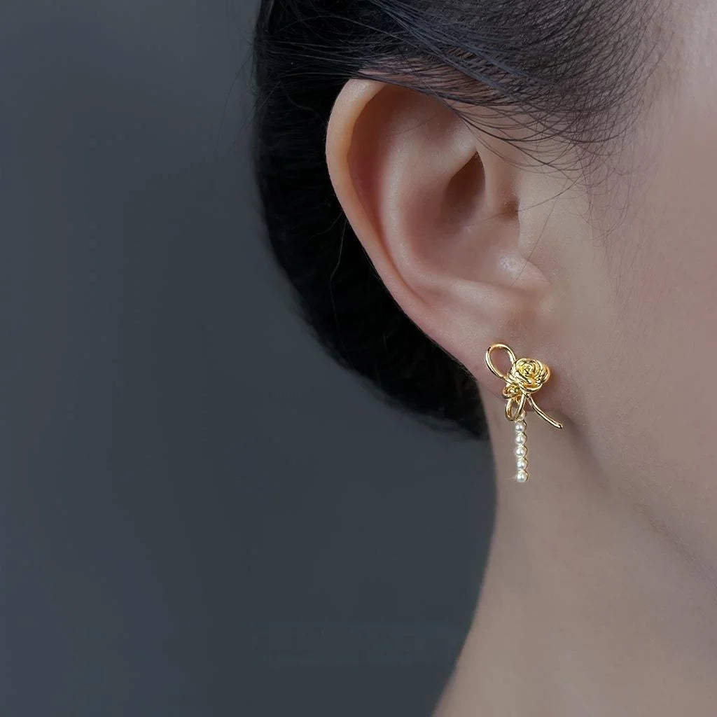 Light Luxury Rose Flower Pearl Copper Drop Earrings For Women