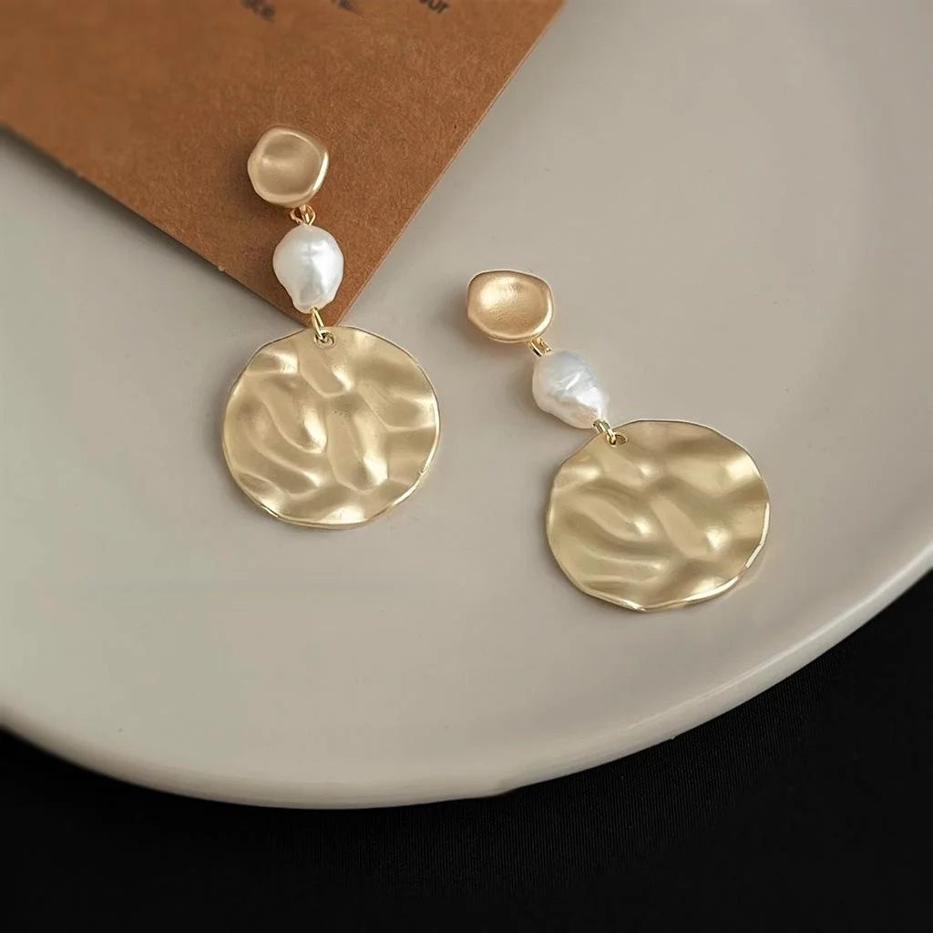 Vintage Baroque Freshwater Pearl Geometric Copper Drop Earrings With Matte Round Design
