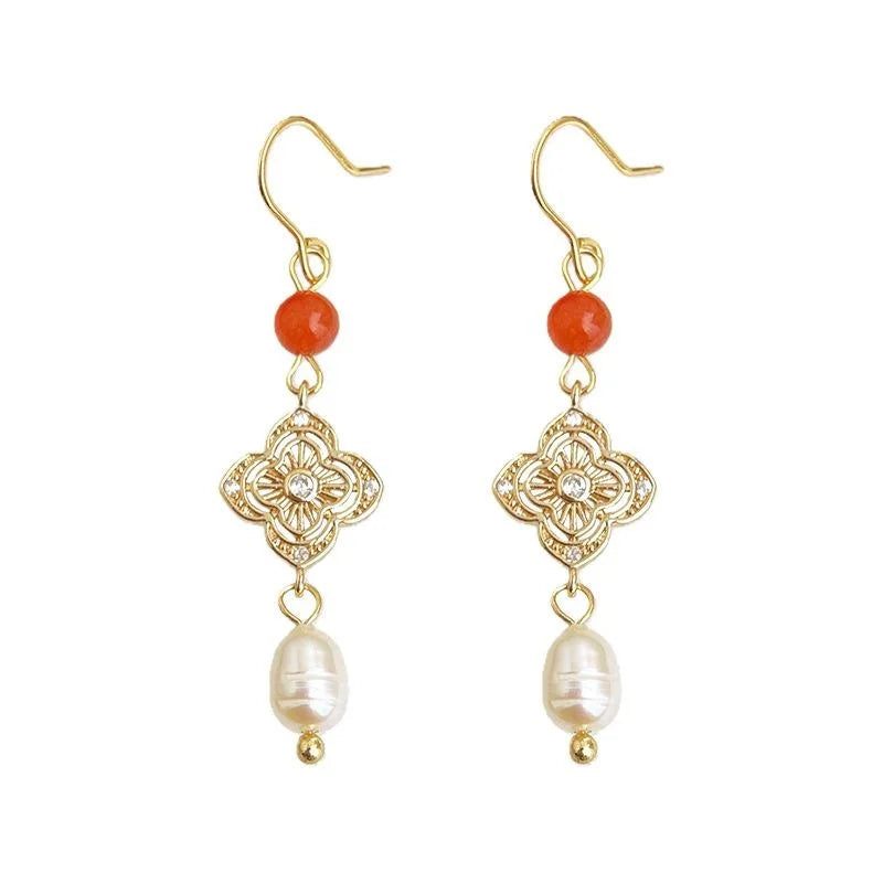 Handmade New Chinese Style Copper Zircon Red Agate Freshwater Pearl Tassel Drop Earrings
