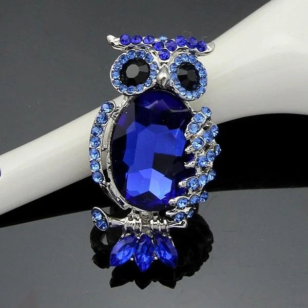Luxury Royal Blue Acrylic Owl Brooch With Rhinestone Alloy Hollow Lapel Pin Corsage Suit Accessory Gift