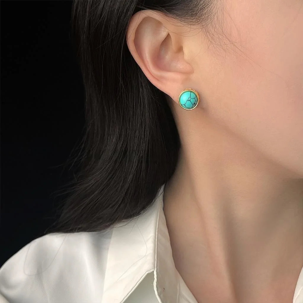 Vintage New Chinese Style Copper Synthetic Turquoise Zircon Round Stud Earrings