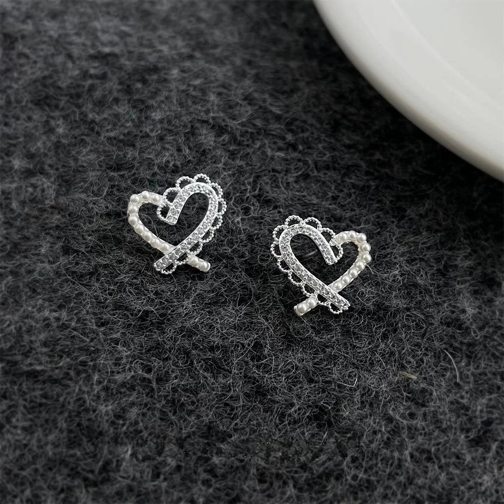 Copper Zircon Pearl Heart Lace Stud Earrings, Sweet Fairy Style Jewelry