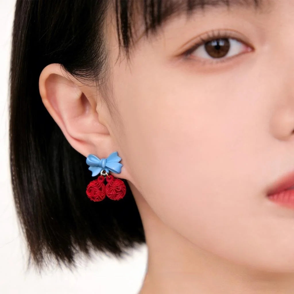Sweet Preppy Enamel Cherry Bow Copper Drop Earrings For Women