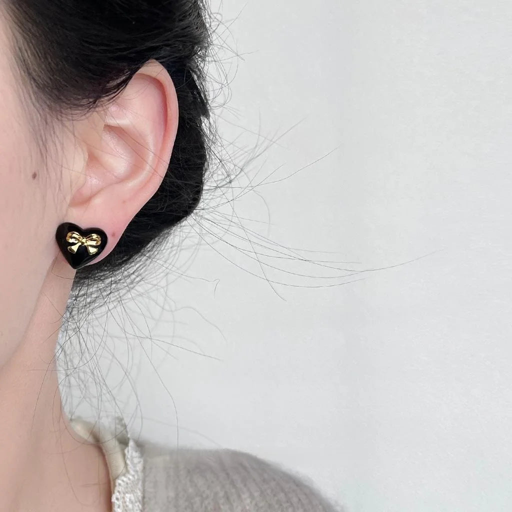 Chic Heart Bow Copper Stud Earrings Minimalist Sweet Cool Jewelry