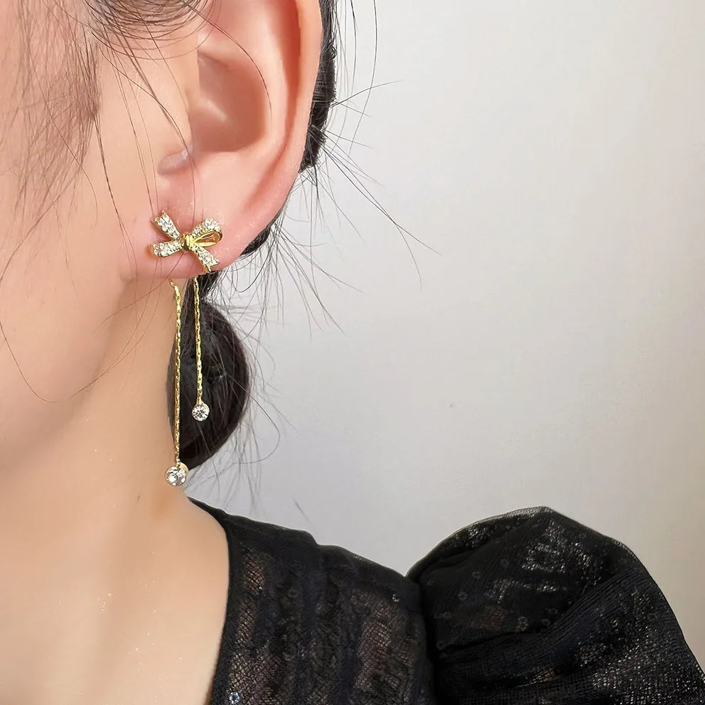 Elegant Zircon Bow Tassel Chain Stud & Clip On No Piercing Luxury Gold Alloy Drop Earrings