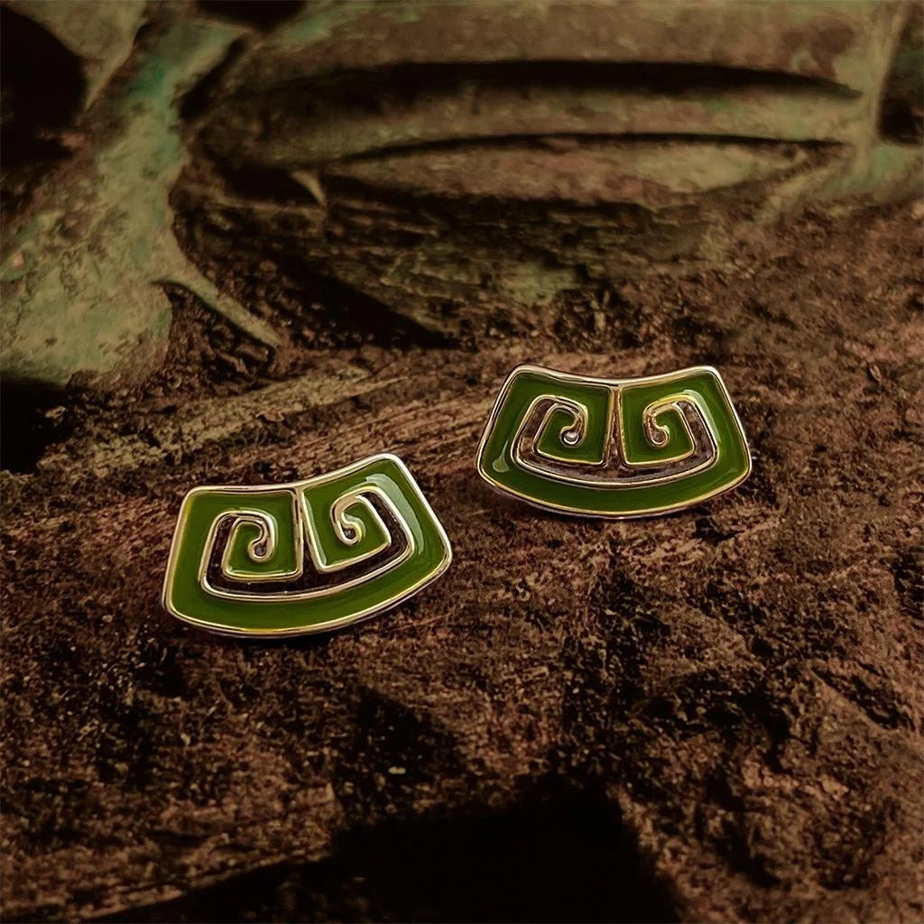 New Chinese Guochao Vintage Copper Great Wall Enamel Geometric Stud Earrings