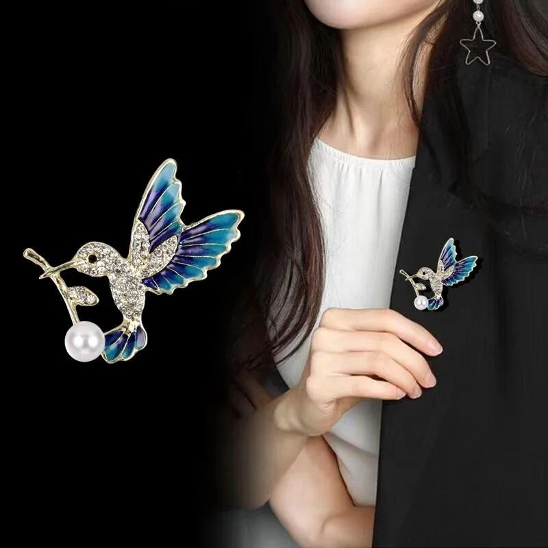 Elegant Enamel Hummingbird Brooch With Rhinestones And Pearl Charm, Luxury Lapel Pin Corsage Gift