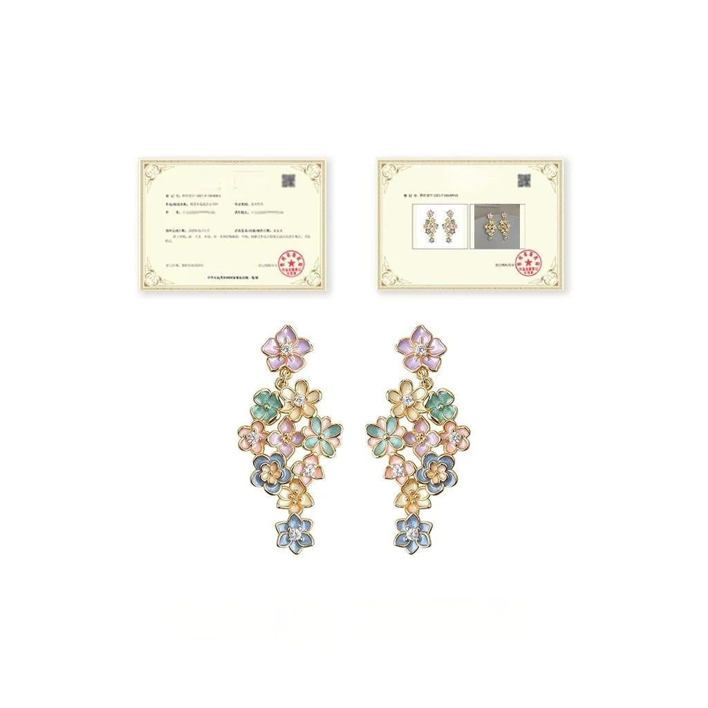 Copper Zircon Painted Enamel Flower Tassel Drop Earrings, Elegant Resort Style