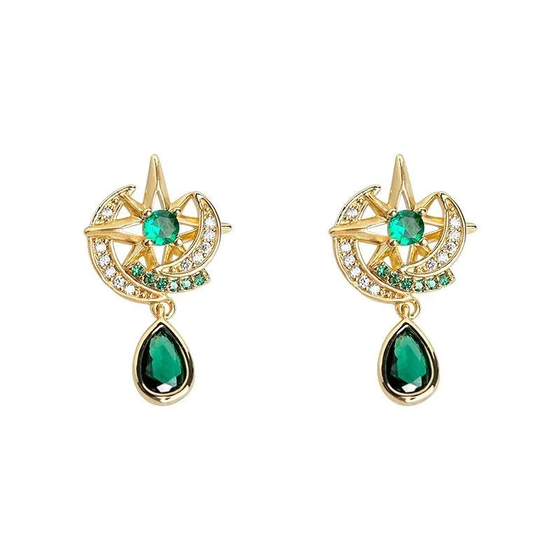 14K Gold Plated Moon Eight Point Star Micro Pave Zircon Copper Drop Earrings