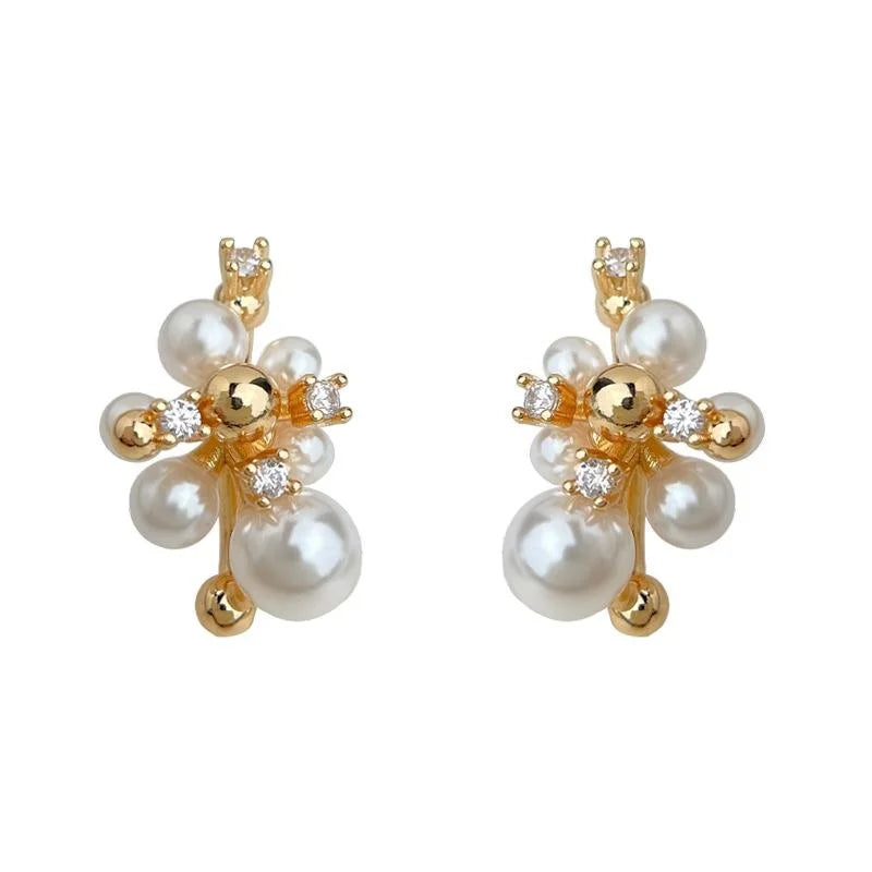 Light Luxury Copper Zircon Pearl Flower Geometric Drop Earrings With Silver Plated Pins