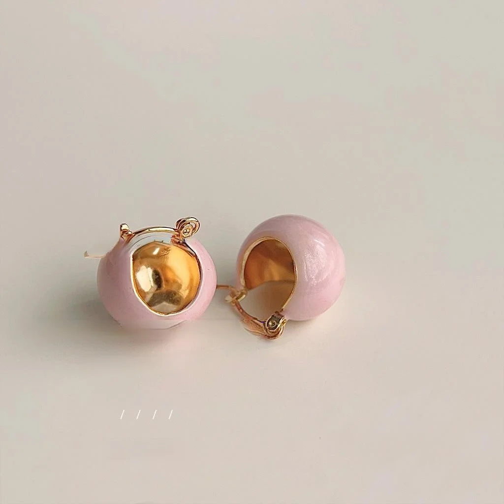 Pink Enamel Copper Oval Drop Earrings Handmade Light Luxury Sweet Minimalist Jewelry