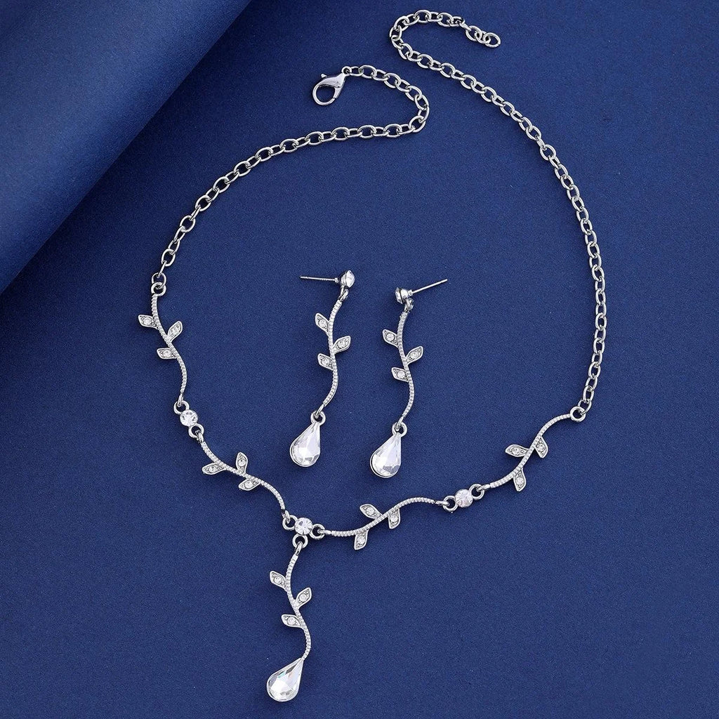 Elegant Silver Branch Leaf Zircon Crystal Teardrop Earrings And Necklace Jewelry Set For Wedding Party Gift