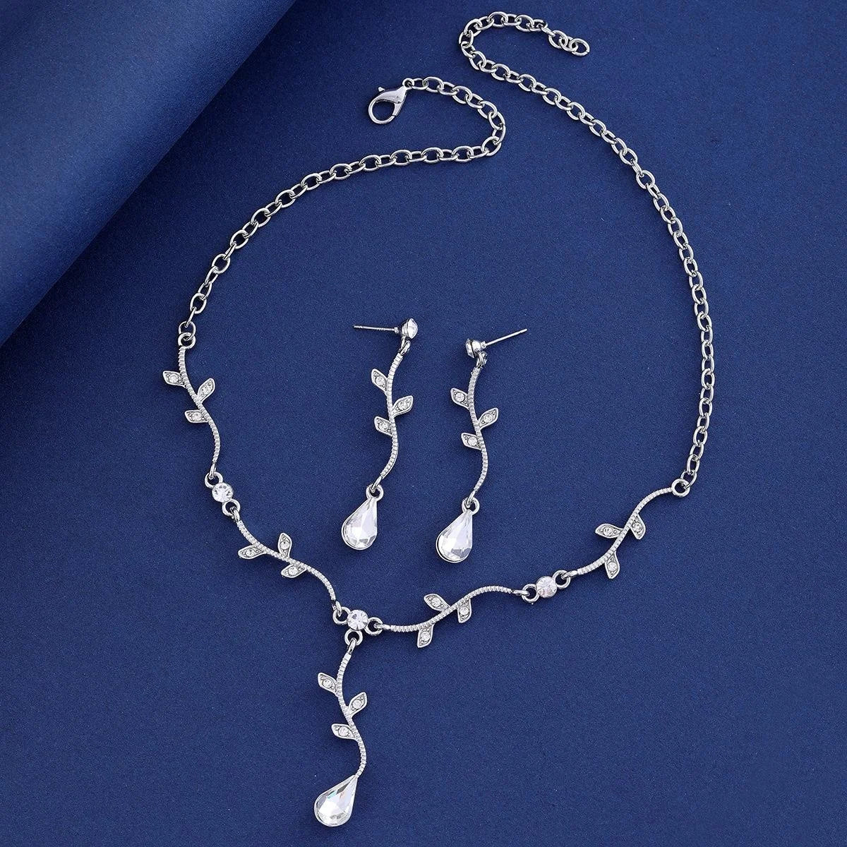 Elegant Silver Branch Leaf Zircon Crystal Teardrop Earrings And Necklace Jewelry Set For Wedding Party Gift