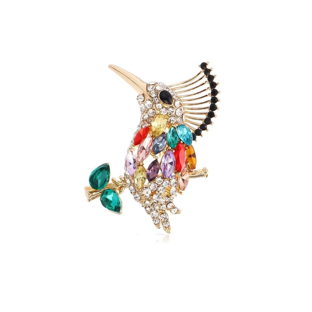 Luxury Colorful Rhinestone Bird Brooch On Gold Alloy Branch, Elegant Animal Lapel Pin Suit Accessory Gift