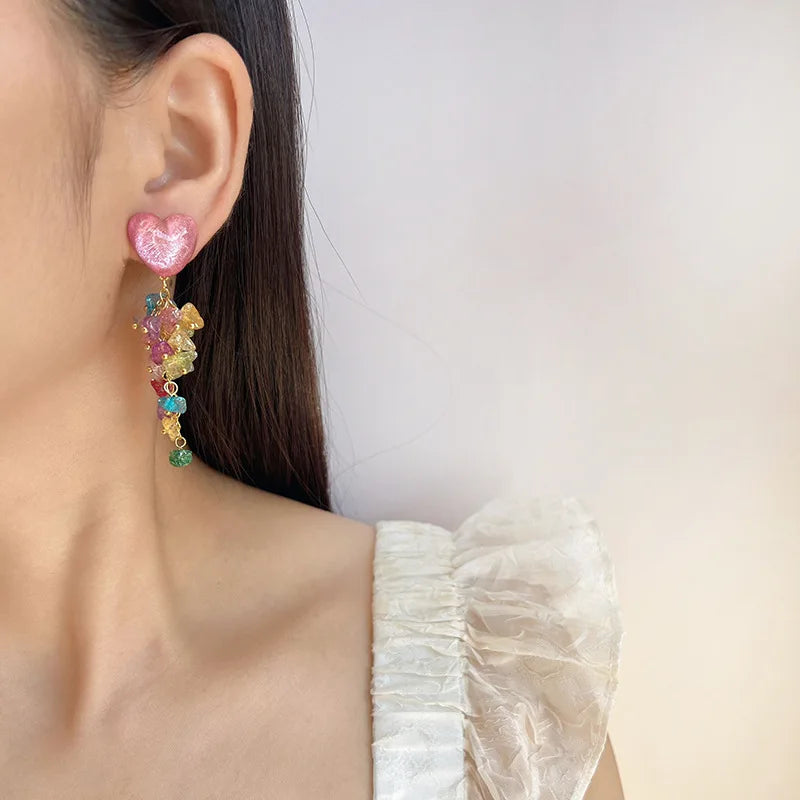 Pink Heart Colorful Crystal Chip Long Tassel Alloy Stud & Clip On No Piercing Earrings