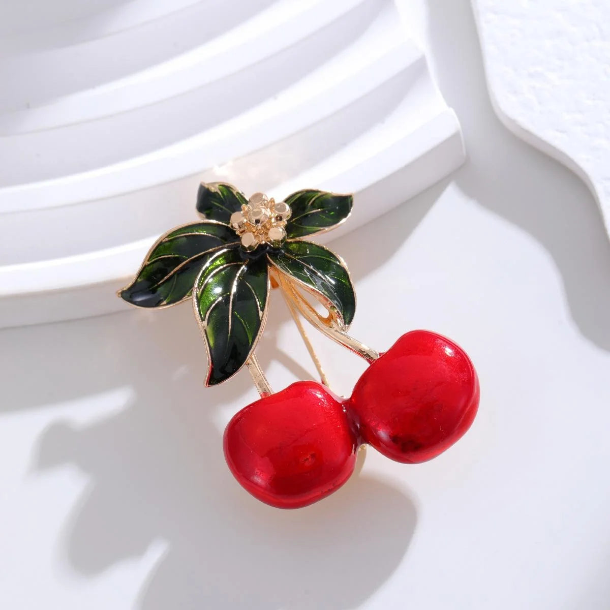 Cute Red Cherry Fruit Enamel Rhinestone Brooch, Elegant Alloy Lapel Pin Corsage Suit Accessory Gift