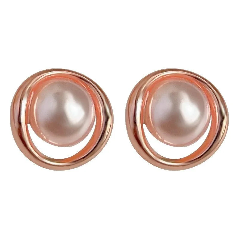 Mini Rose Gold Plated Copper Geometric Round Pearl Stud Earrings Minimalist Office Jewelry