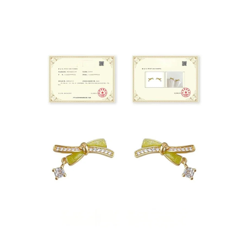 Copper 14K Plated Enamel Bow Stud Earrings With Zircon Micro Pave Sweet Girl Style