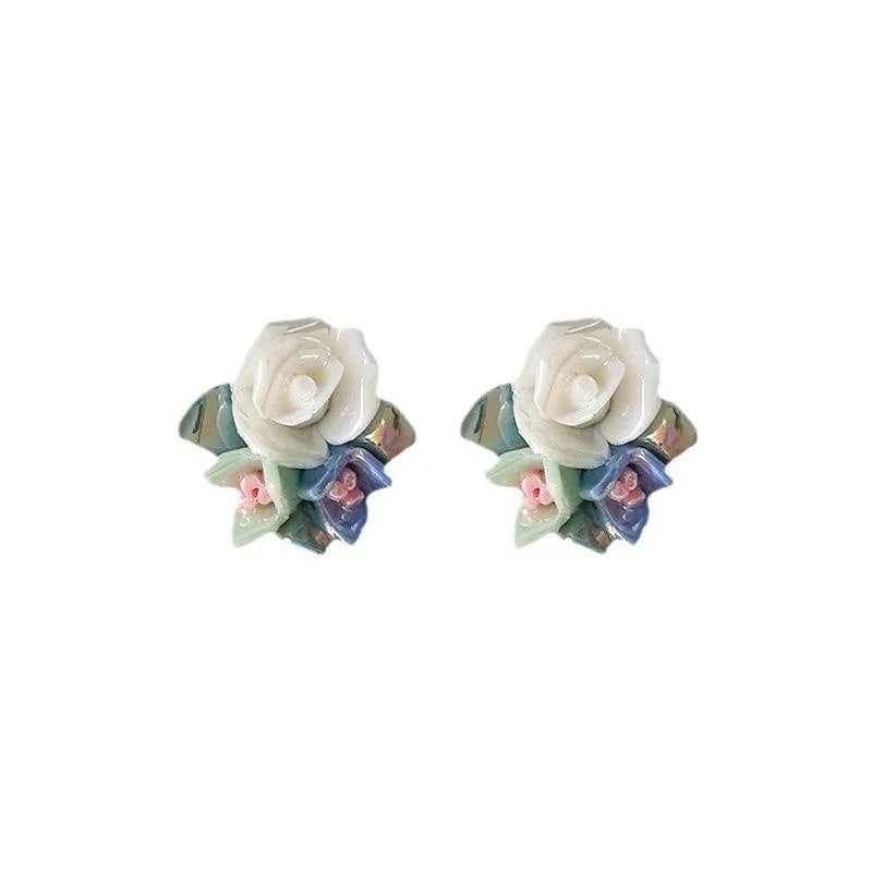 Forest Style Silver Plated Pin Ceramic Flower Stud Earrings Fresh Sweet Blue Floral Petal Design