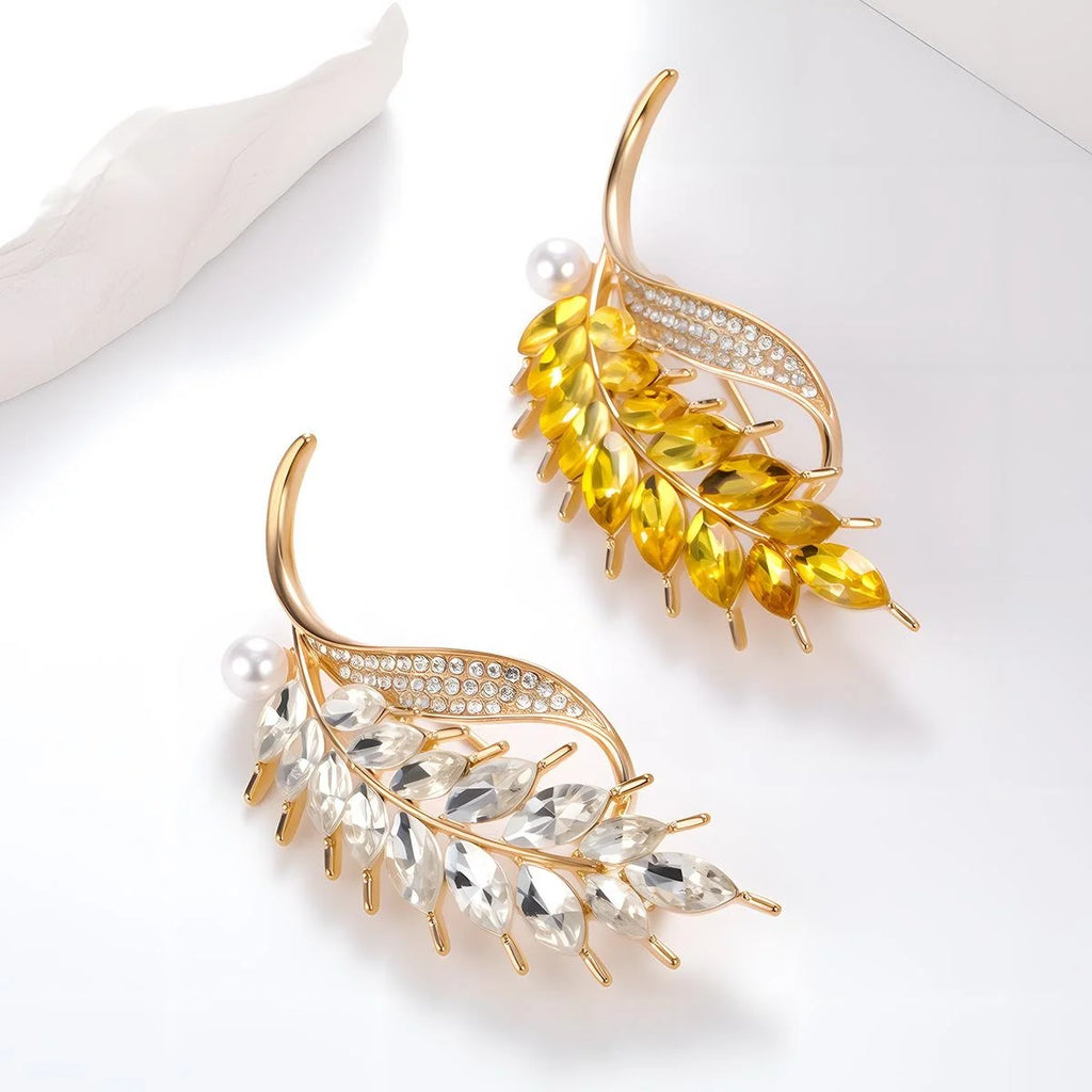Elegant Wheat Sheaf Brooch With Amber Rhinestones And Faux Pearl, Gold Alloy Lapel Pin Suit Accessory
